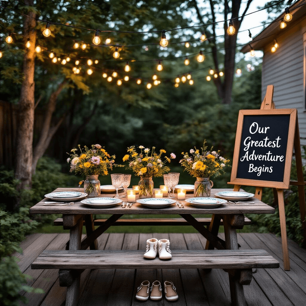 Simple Pregnancy Announcement Ideas: Share Your Big News with Ease An intimate twilight backyard scene with string lights overhead, a rustic wooden picnic table set with mismatched vintage china and crystal stemware, a chalkboard easel reading 'Our Greatest Adventure Begins,' mason jars with wildflowers and floating candles as centerpieces, and a pair of adult shoes beside tiny baby booties on weathered deck boards.