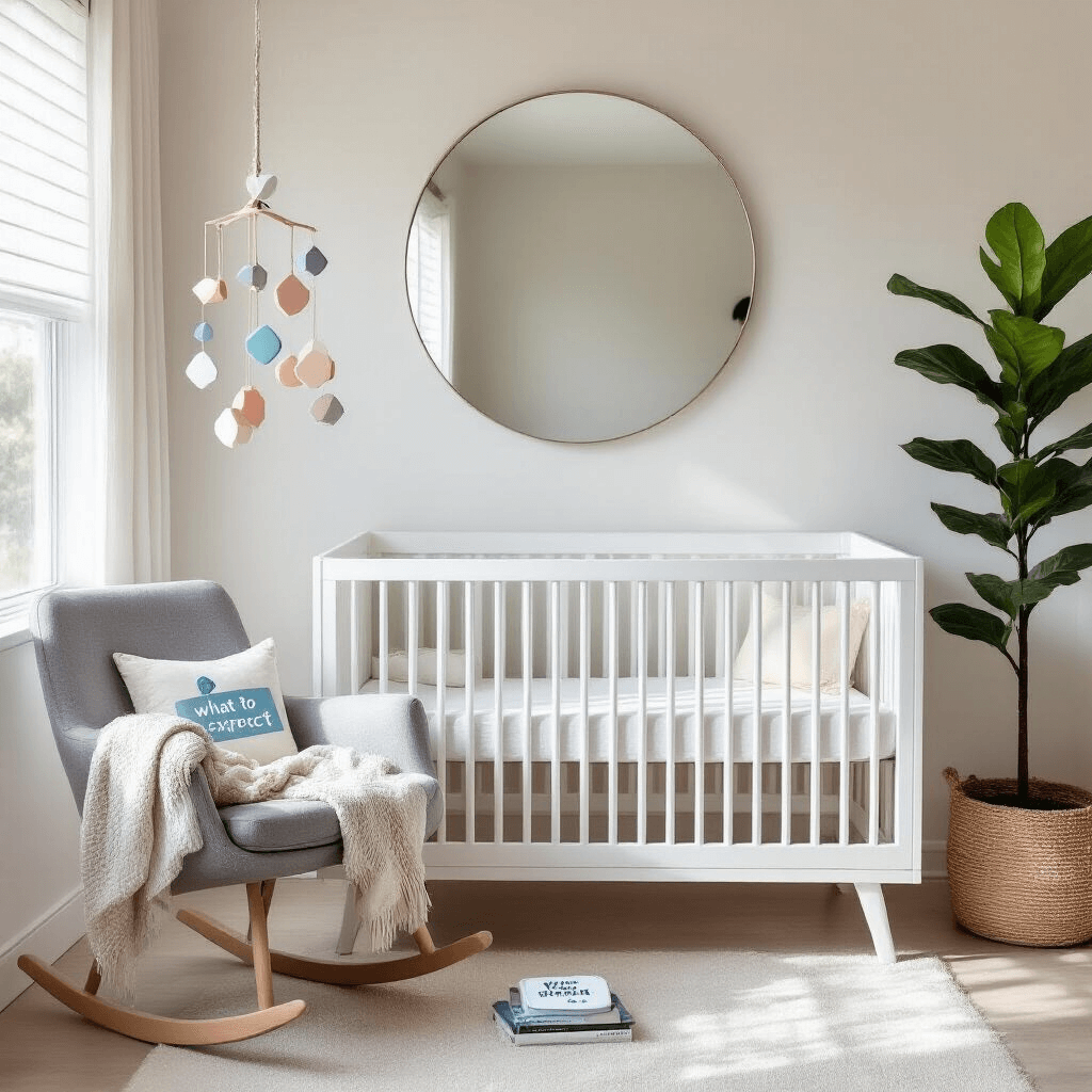 Simple Pregnancy Announcement Ideas: Share Your Big News with Ease A minimalist nursery corner featuring a sleek white crib with a pastel geometric mobile, a round mirror on the wall, a plush grey rocking chair with a knit blanket and pregnancy test on a book, and a tall fiddle leaf fig plant beside the crib, all bathed in soft morning light.