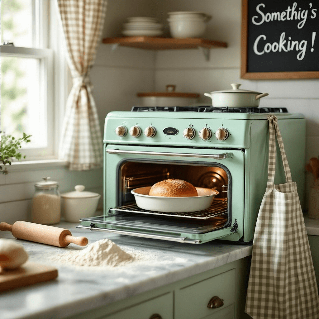 Simple Pregnancy Announcement Ideas: Share Your Big News with Ease A cozy kitchen featuring a vintage mint green oven with the door slightly open, showing a single dinner roll inside. Flour dusts the marble countertops beside a rolling pin, and a gingham apron hangs nearby. A chalkboard with 'Something's Cooking!' is visible, illuminated by soft natural light through café curtains.