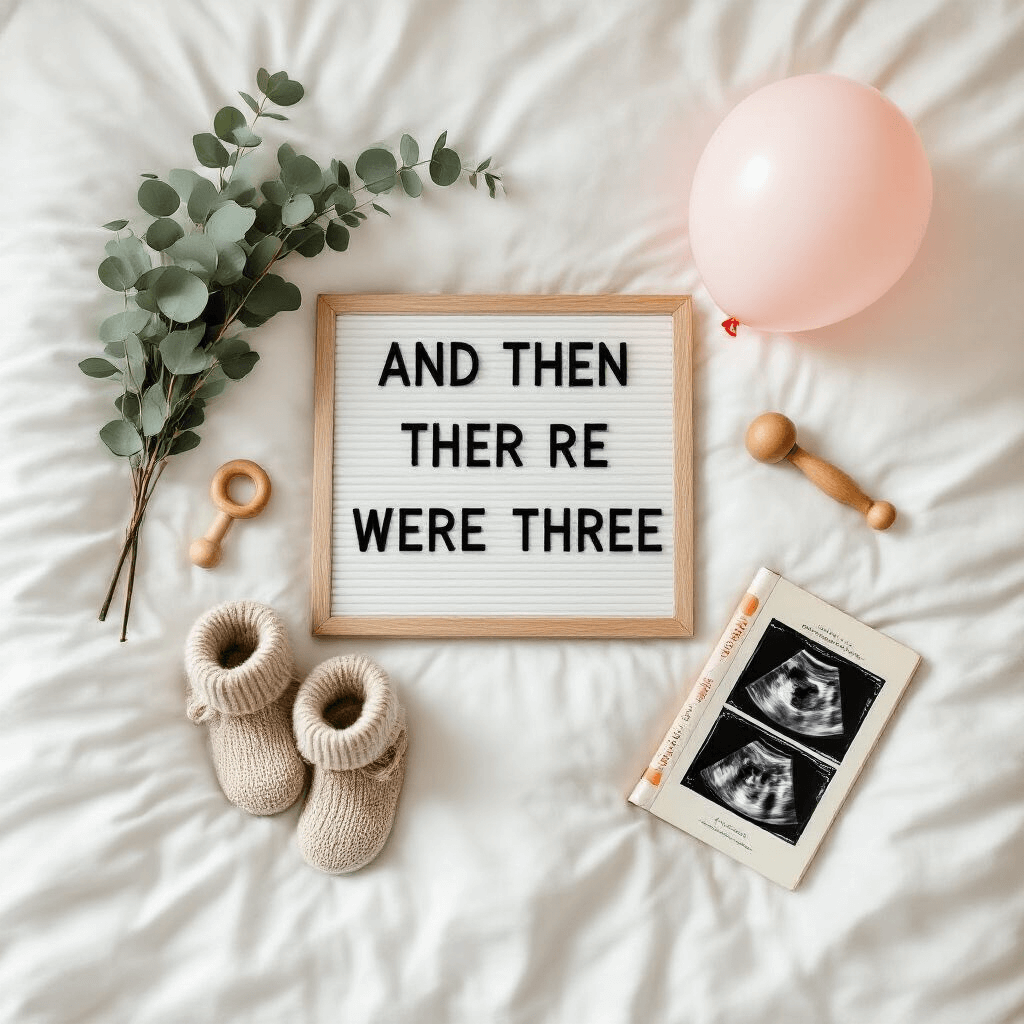 Simple Pregnancy Announcement Ideas: Share Your Big News with Ease An overhead flat lay on a white duvet featuring a letter board that reads 'And then there were three,' surrounded by knit booties, a wooden rattle, a classic children's book, ultrasound photos, and a spray of eucalyptus, with a soft pink balloon nearby, all captured in warm morning light.