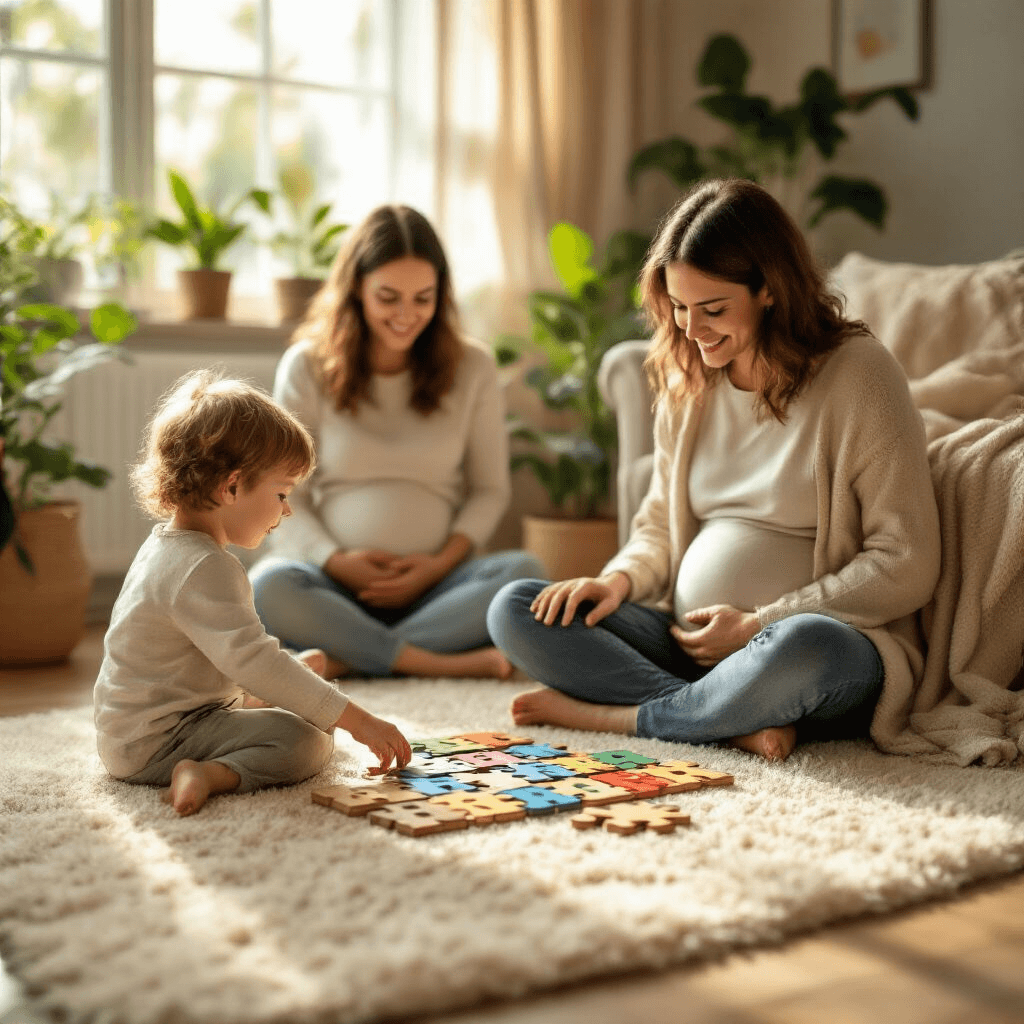 A sunlit living room with a young child sitting cross-legged on a cream rug, completing a wooden puzzle that reveals 'Big Brother' in colorful letters. Nearby, expectant parents watch lovingly, with the mother’s hand on her baby bump. The scene features warm, neutral tones, potted sage green plants, and a cozy throw blanket on an armchair, captured from an overhead angle for an intimate family moment.