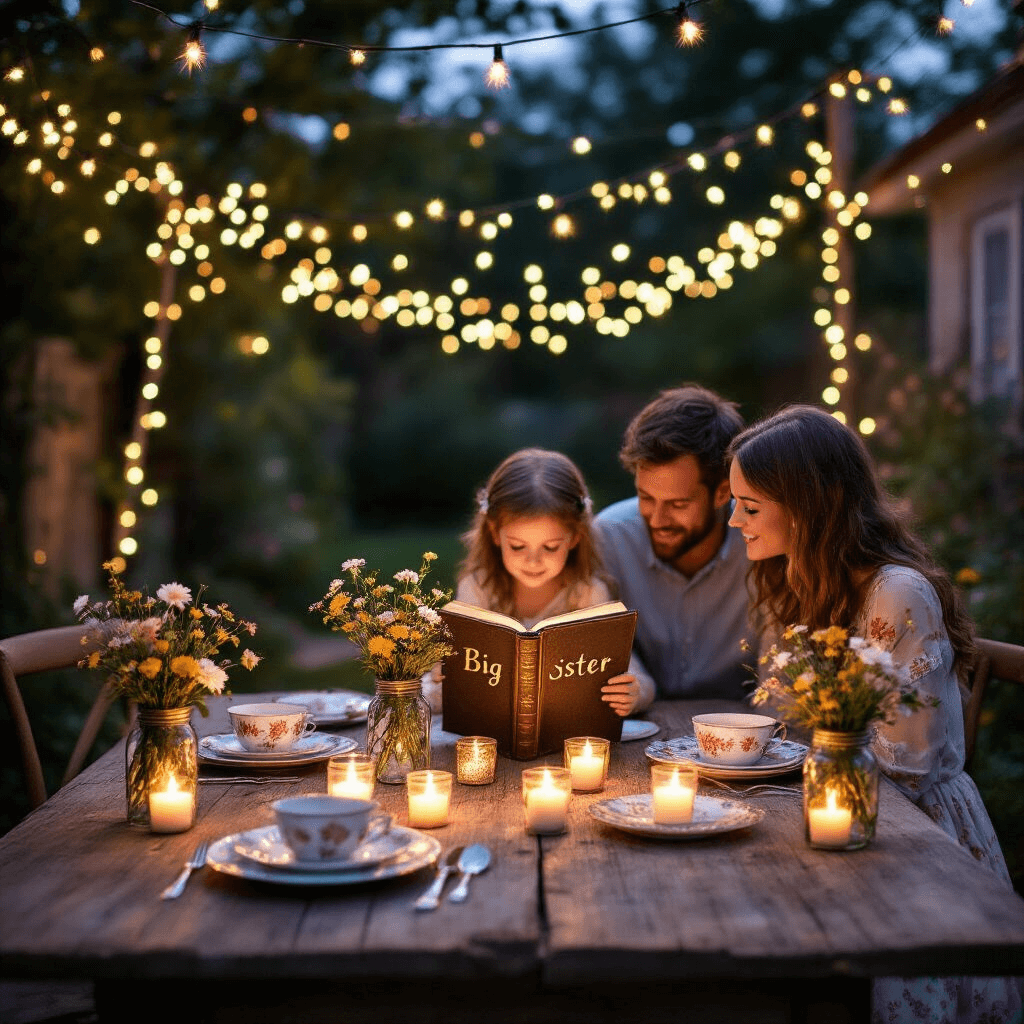 An enchanting twilight backyard scene with fairy lights overhead, a rustic table set for three with floral china and vintage silverware, featuring mason jar centerpieces with wildflowers and candles. A little girl in a flowy dress is captivated by a “Big Sister” book, while her joyful parents sit nearby. Soft bokeh from the lights adds a dreamy effect.