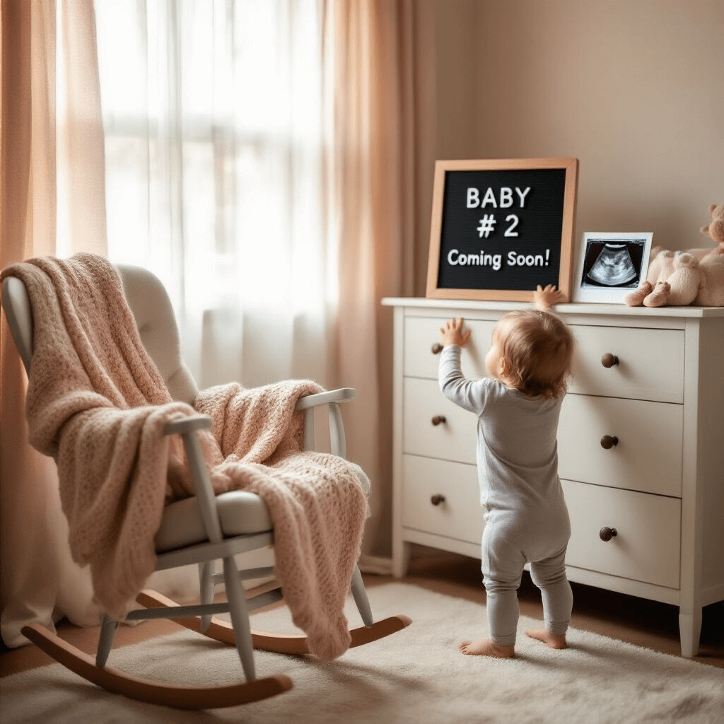 A close-up of a serene nursery at dawn, featuring a toddler in pajamas reaching for a framed ultrasound photo on a white dresser, with a letterboard sign announcing 'Baby #2 Coming Soon!' and tiny booties nearby, all bathed in soft, rosy light.