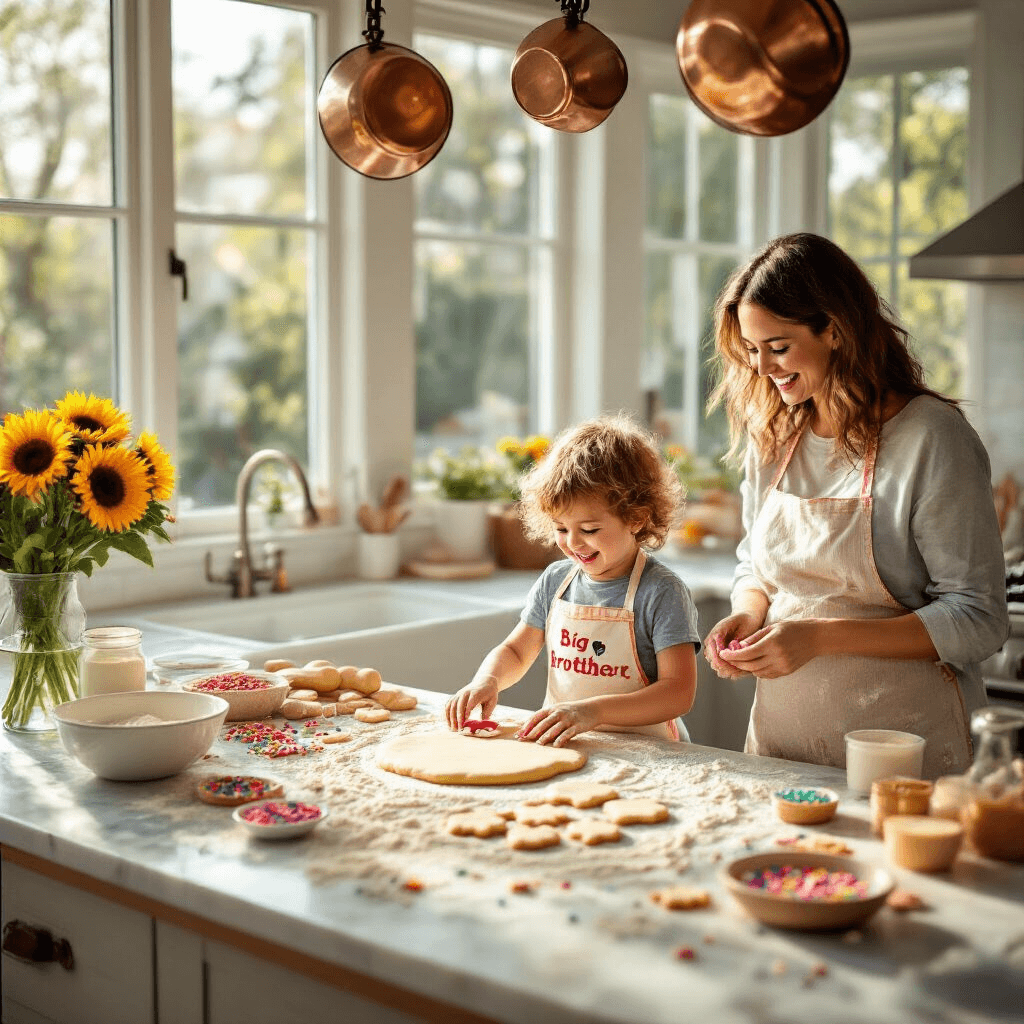 A sun-filled kitchen with a marble island covered in flour and rolled-out dough, where a laughing child in a 'Big Brother' apron uses cookie cutters to shape heart-shaped cookies surrounded by colorful sprinkles. Parents are nearby, with the mother's baby bump visible under her flour-dusted shirt. Copper pots hang from above and a vase of sunflowers adds a cheerful touch, all captured from an overhead angle, highlighting the joyful baking process and loving family dynamic.