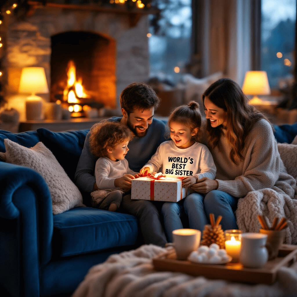 A warm living room at dusk featuring a child on a deep blue velvet sofa, joyfully unwrapping a gift revealing a 'World's Best Big Sister' t-shirt, flanked by parents. A cozy atmosphere is enhanced by glowing lamps, a crackling fireplace, and a hot chocolate station with marshmallows and cinnamon sticks. Soft pillows and a chunky knit blanket add texture, capturing the family's closeness.