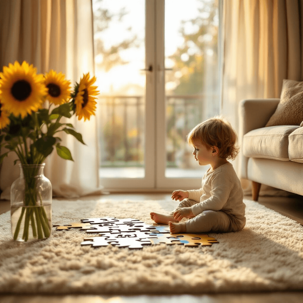 A sunlit living room with a toddler on a cream rug, focused on a large puzzle piece that says 'Big Brother'. Soft beige curtains frame the bright windows, and a coffee table with sunflowers adds color to the warm scene. The child's profile shows wide eyes filled with wonder.