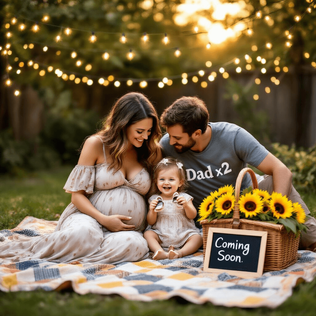 A young family enjoys an intimate backyard picnic at golden hour, lounging on a patchwork quilt beneath fairy lights. The mother, in a maxi dress, cradles her baby bump, while the father, in a 'Dad x2' t-shirt, leans close. Their giggling toddler holds tiny baby shoes, and a wicker basket filled with sunflowers sits nearby with a sign saying 'Coming Soon'. Soft bokeh lights create a warm, golden atmosphere.
