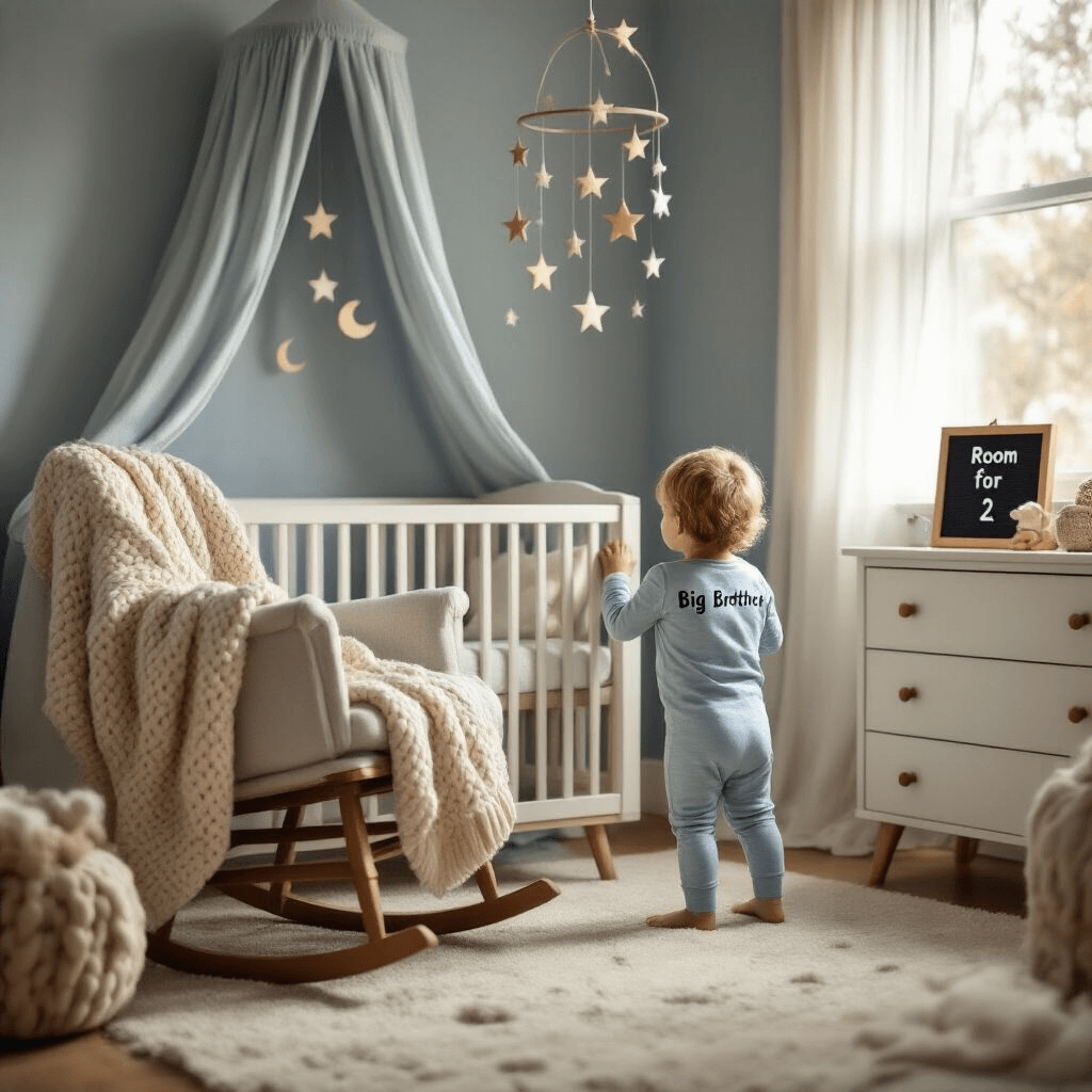 A high-angle view of a cozy nursery at dawn, featuring soft morning light, a chunky knit blanket draped over a rocking chair, and a toddler boy in 'Big Brother' pajamas peeking into an empty crib. A star and moon mobile casts shadows, while a letterboard on the dresser reads 'Room for 2', all in pastel blues and greys with warm wood accents.