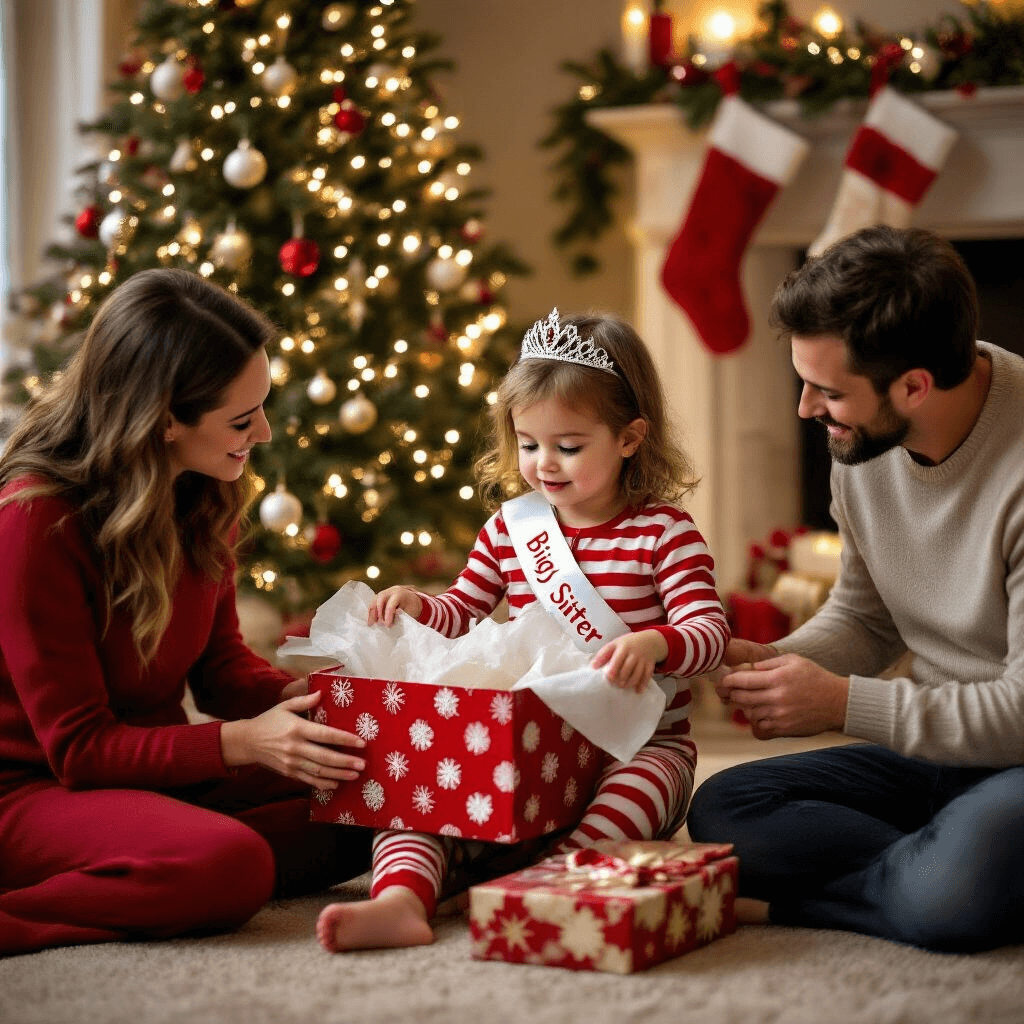 A festive living room on Christmas Eve, featuring a toddler girl in candy cane striped pajamas, cross-legged and opening a large gift box revealing a 'Big Sister' sash and tiara. Her kneeling parents, with the mom’s baby bump visible, surround her. Stockings hang from the mantle, including a tiny one, amid rich reds and greens and warm golden lighting, capturing the child's joyful and surprised expression.
