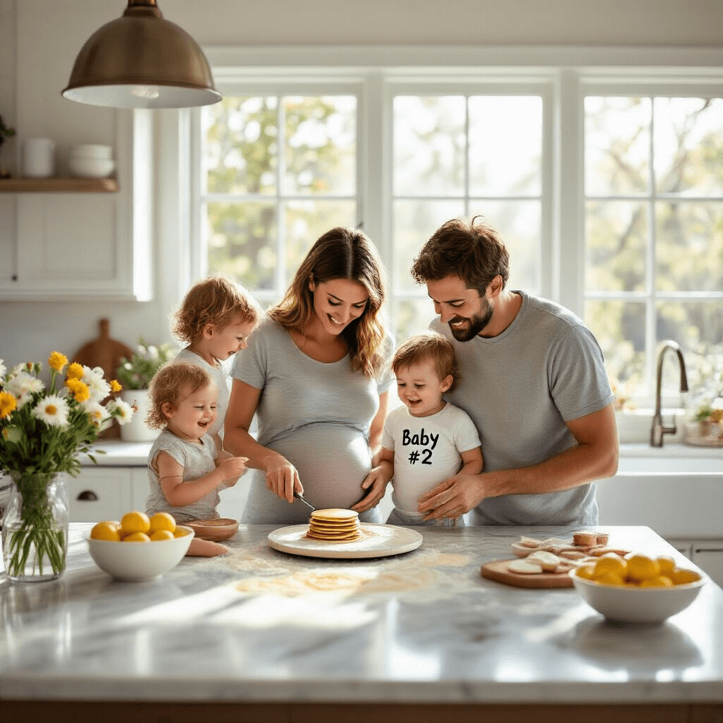 A young family gathers in a sunlit modern kitchen, making pancakes together. The mom, with a baby bump visible under her grey tee, watches as the dad flips a pancake with 'Baby #2' written in batter. Their toddler, giggling and covered in flour, stands on a step stool. The kitchen features bright natural light, clean whites, warm woods, fresh flowers, and a bowl of lemons, all captured from a three-quarter angle that shows their joyful faces and the revealed pancake.