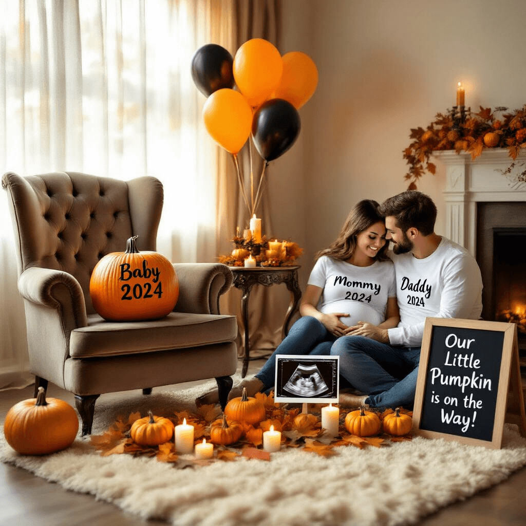 A warm and inviting living room featuring a plush velvet armchair with a pumpkin carved 'Baby 2024', an ultrasound photo on a side table surrounded by fall decor, an expecting couple in matching shirts cuddling on a throw rug, orange and black balloons floating above, and a chalkboard sign that reads 'Our Little Pumpkin is on the Way!'.