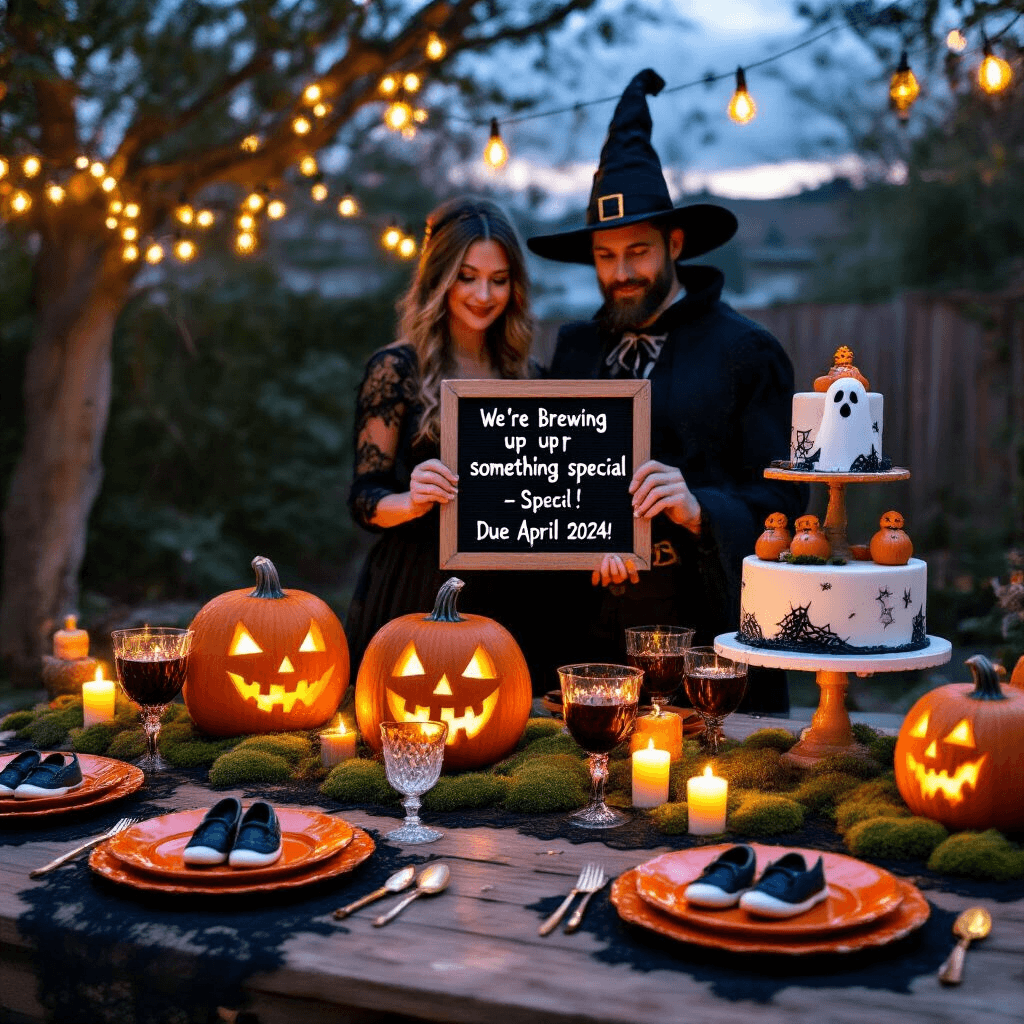 An intimate backyard scene at twilight, adorned with warm fairy lights, features a rustic table set with black lace runners, orange ceramic plates, crystal goblets filled with a deep red drink, and whimsical parents-to-be in witch and warlock costumes holding a letterboard announcing their baby due date. Scary yet charming details include carved pumpkins with baby shoes, moss, battery-operated candles, ghost-shaped cookies, and a spider web-themed cake.