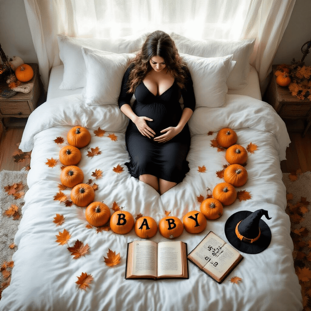 Aerial view of a pregnant woman in a black dress lying on a king-sized bed with white linens, surrounded by mini pumpkins spelling 'Baby'. She cradles her baby bump, adorned with temporary spiderweb tattoos, with scattered fall leaves, a witch's hat, and an open spell book. Soft morning light filters through sheer curtains, creating an ethereal glow.