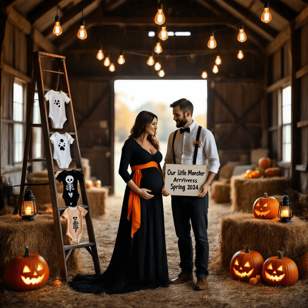 A warmly lit barn interior featuring an expecting couple silhouetted against strings of Edison bulbs. The woman in a black dress with an orange sash and the man in suspenders and bow tie hold a sign announcing their baby's arrival in Spring 2024, surrounded by vintage baby clothes with Halloween themes, hay bales, rustic lanterns, and glowing carved pumpkins.