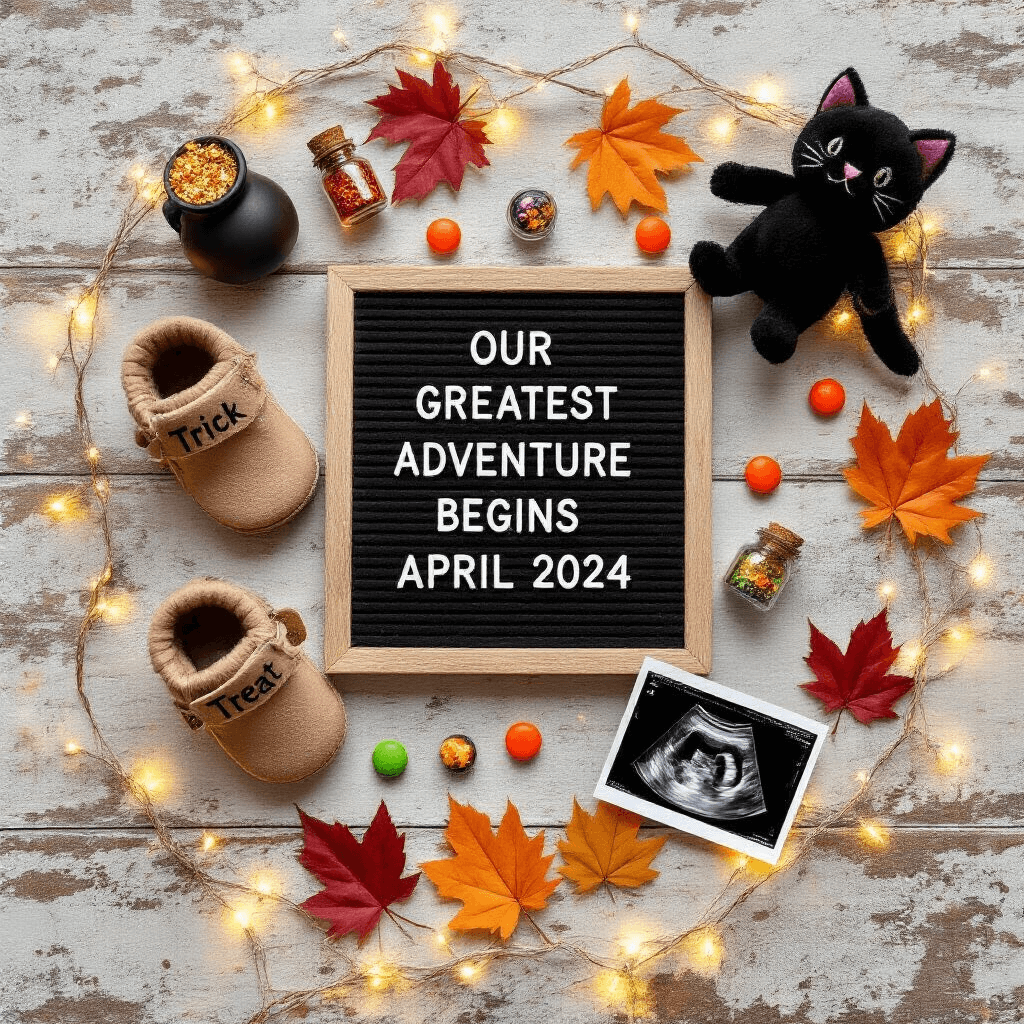 A flat-lay arrangement on weathered wood features baby booties labeled 'Trick' and 'Treat' beside a letter board that reads 'Our greatest adventure begins April 2024'. Surrounding elements include Halloween candies, tiny glitter-filled potion bottles, a plush black cat toy, and vibrant autumn leaves. An ultrasound photo is tucked under a miniature witch's cauldron, all framed by glowing orange fairy lights.