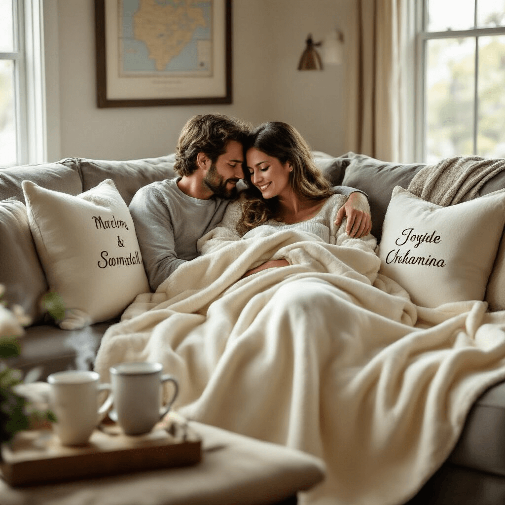 A cozy living room filled with soft morning light, featuring a couple snuggled on a plush sofa wrapped in a personalized monogrammed cotton blanket, surrounded by embroidered throw pillows, a side table with steaming coffee mugs, and a framed map canvas print of their first meeting, all captured from a slightly elevated angle.