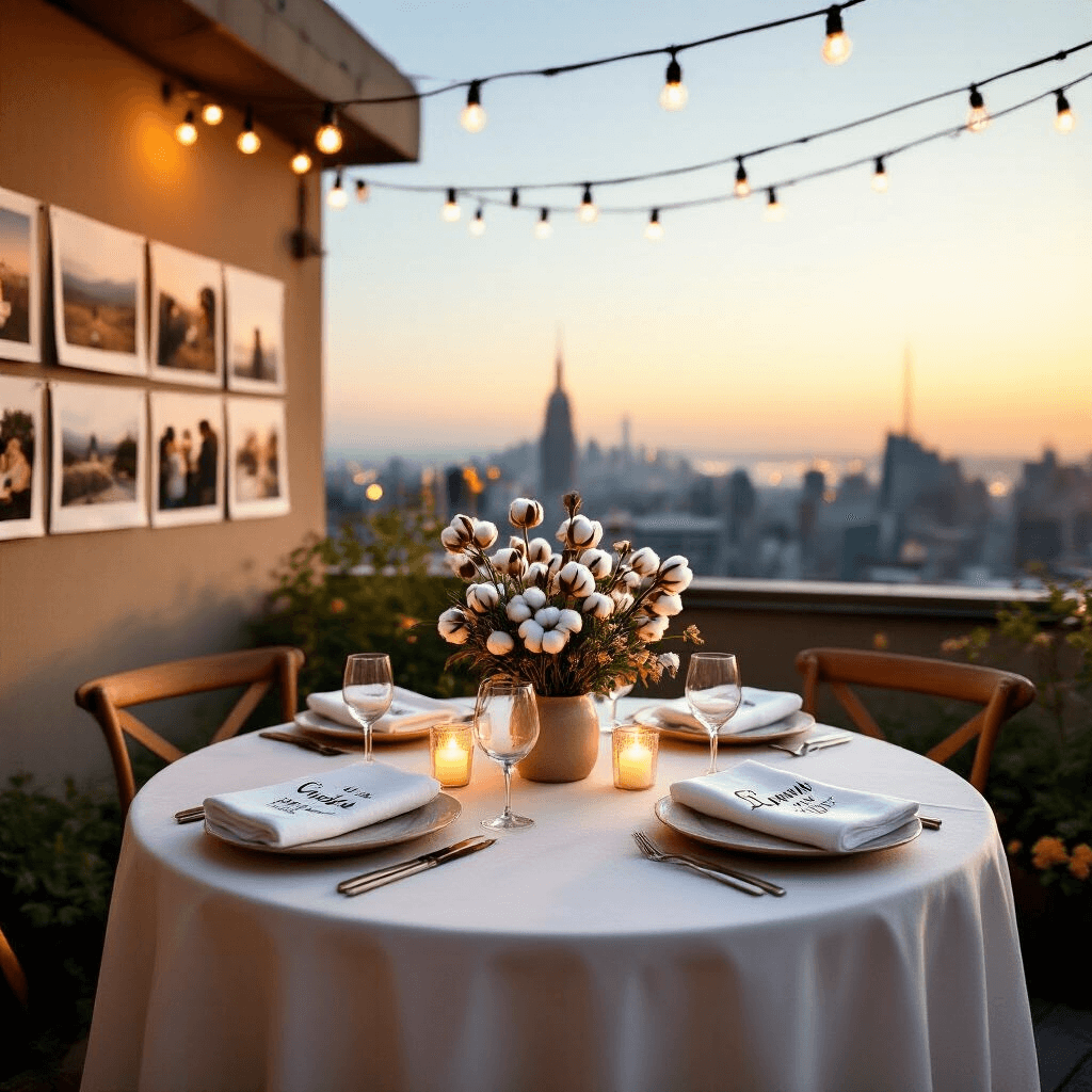 A romantic rooftop terrace set for an anniversary dinner at golden hour, featuring a small round table with a white tablecloth, a centerpiece of cotton bolls and wildflowers, personalized cotton napkins, illuminated by fairy lights, with the cityscape in the background.
