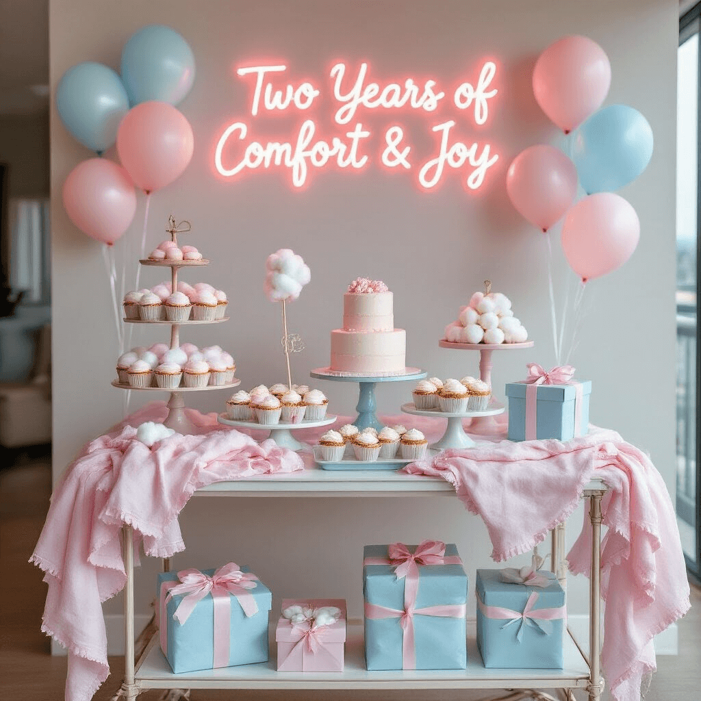 A modern apartment decorated for a cotton-themed anniversary celebration, featuring a cotton candy color palette, a dessert cart with cotton candy and cupcakes, pastel balloons, a neon sign reading 'Two Years of Comfort & Joy', and a gift table with cotton-wrapped presents, all captured from a low angle.
