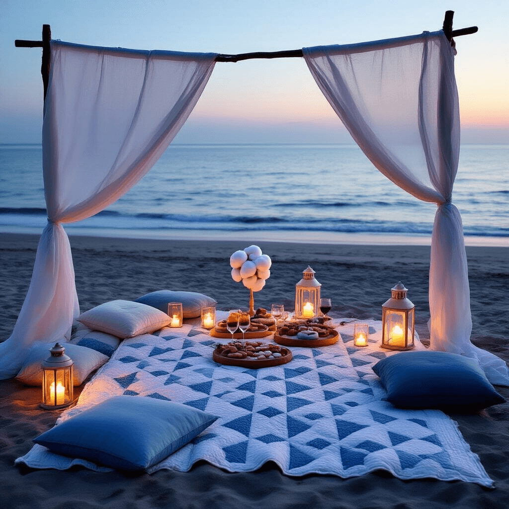 A romantic twilight picnic setup on the beach featuring a large cotton quilt, plush blue and white cushions, lanterns with candles, a charcuterie board, and a vintage cotton candy machine, framed by sheer white curtains and the fading sunlight over the ocean.