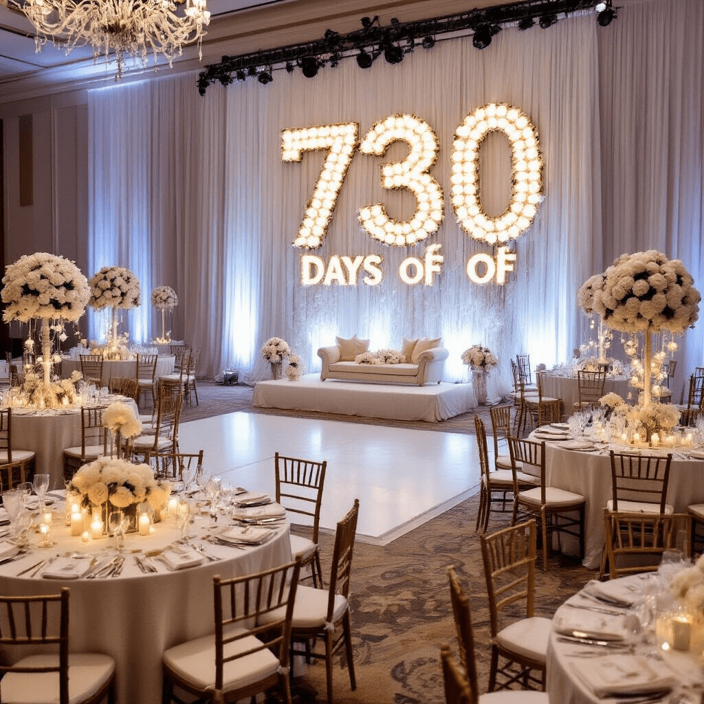 An elegantly styled indoor ballroom for a grand cotton anniversary celebration, featuring round tables with luxurious cotton damask tablecloths and elaborate centerpieces of cotton bolls, white roses, and crystal candelabras, a statement wall with a massive cotton art installation spelling '730 Days of Love', a dance floor surrounded by cotton topiary trees wrapped in fairy lights, and a photo booth area with a backdrop of varying textures of white cotton fabrics, all captured from an elevated angle.