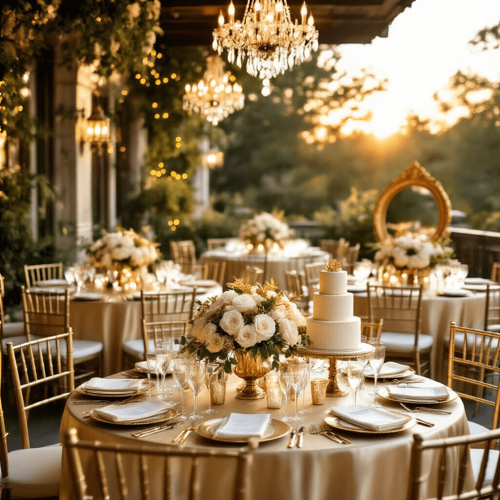 A sunlit garden terrace set for a 50th anniversary celebration, featuring round tables with champagne silk linens, gold Chiavari chairs, lush ivory rose centerpieces in mercury glass vases, twinkling fairy lights, crystal chandeliers, a golden anniversary cake, champagne flutes, and vintage photos of the couple on an ornate easel, all creating a romantic and elegant atmosphere.