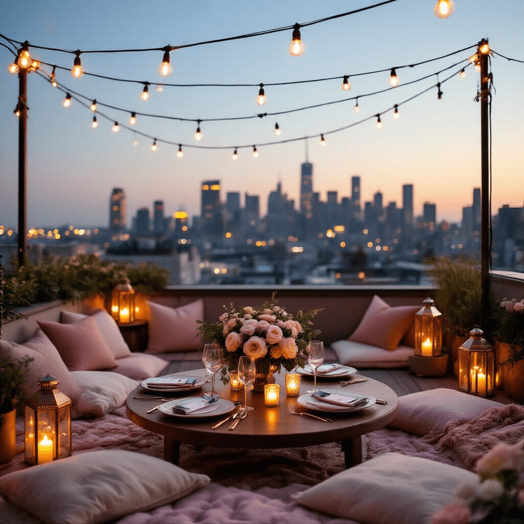 An intimate rooftop anniversary celebration featuring a cozy lounge area with plush cushions, string lights overhead, and a romantic table setting adorned with delicate china and flowers, set against a twinkling city skyline at twilight.
