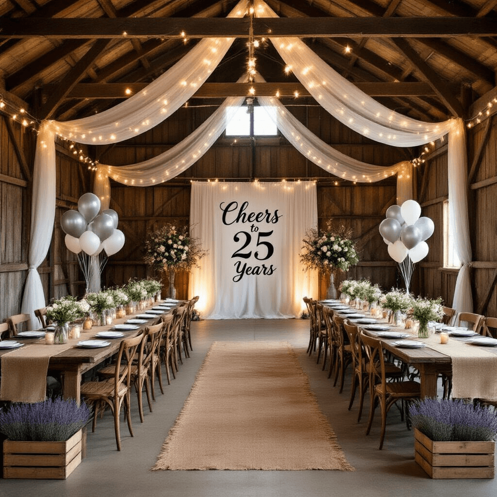 A rustic barn decorated for a 25th anniversary vow renewal, featuring draped gauzy fabric, fairy lights, long farmhouse tables with burlap runners and mason jar floral arrangements, a 'Cheers to 25 Years' sign, and wooden crates filled with lavender and baby's breath, all illuminated by soft candlelight.
