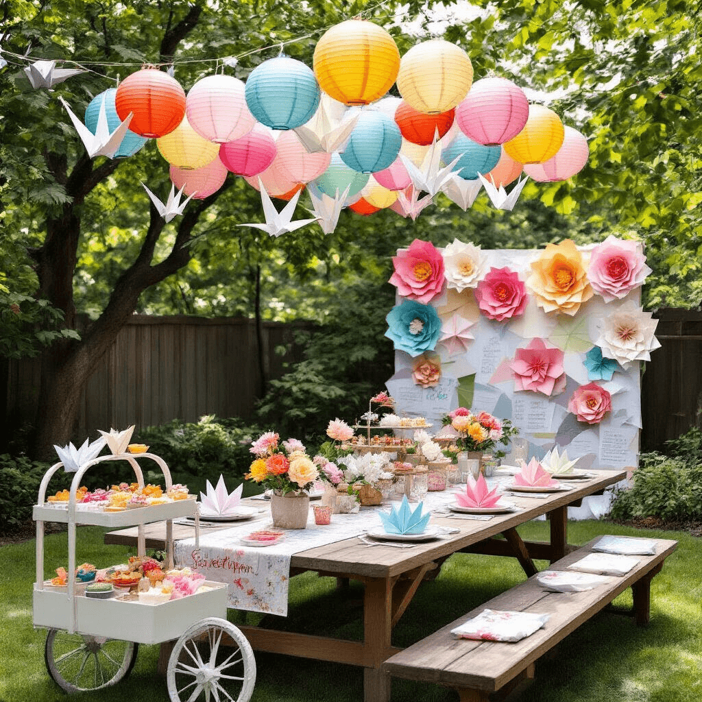 A whimsical backyard setup for a couple's 1st anniversary featuring colorful paper lanterns and origami cranes overhead, a picnic table with handmade paper flower place settings and custom menus, a dessert cart with wrapped treats, oversized paper flowers, and a playful photo area, all illuminated by soft afternoon light.