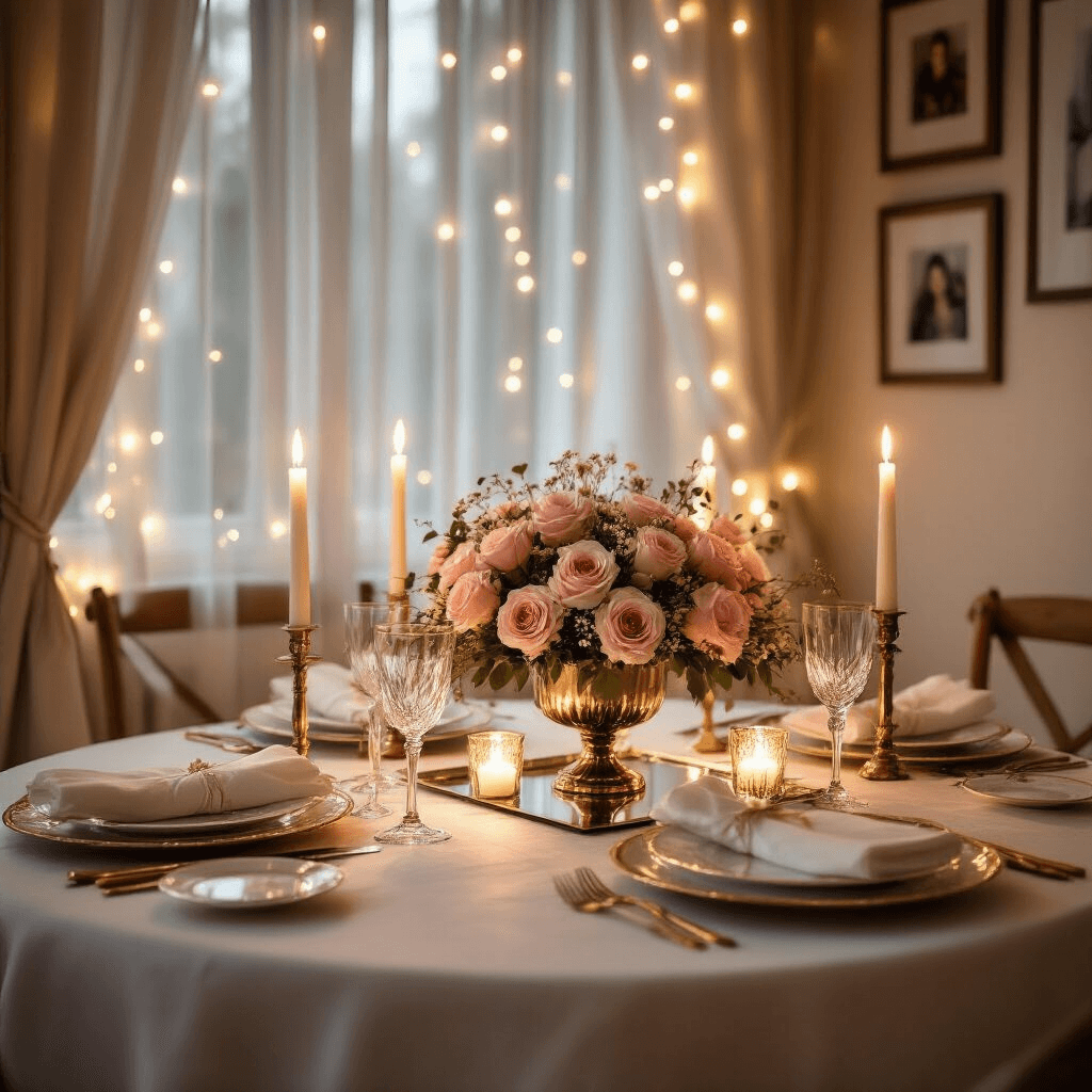 A romantic candlelit dinner for two in an intimate nook, featuring a beautifully set table with a white linen tablecloth, gold-rimmed plates, crystal stemware, a floral centerpiece of blush pink roses, taper candles, and twinkling fairy lights, creating a cozy ambiance with framed photos on the walls.