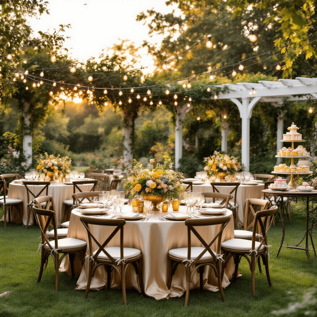 An enchanting garden party at golden hour with round tables draped in champagne silk linens, wildflower centerpieces in vintage brass vases, mercury glass votives, and wooden cross-back chairs, all illuminated by café lights, with a dessert cart featuring tiered cakes and macarons, and a white pergola covered in climbing roses and ivy in the background.