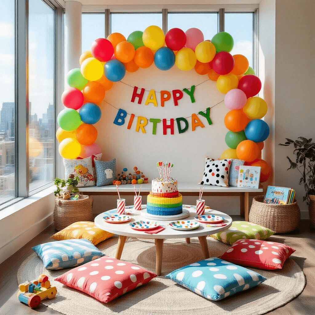 A bird's-eye view of a whimsical children's birthday celebration in a modern apartment, featuring a low table with colorful floor cushions, playful plates, striped straws in mason jars, oversized primary color balloons, a 'Happy Birthday' banner, a tiered rainbow cake with sprinkles, and scattered wooden toys and storybooks, all illuminated by midday sunlight.