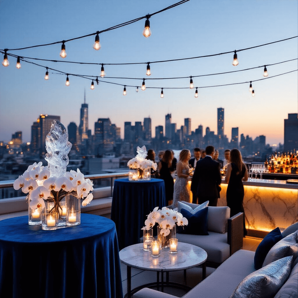 An elegant rooftop cocktail party at twilight, featuring guests mingling on a sleek terrace with a twinkling urban skyline, deep blue velvet table linens, white orchids in glass cylinders, a marble bar with an ice sculpture, plush lounge seating, and warm Edison bulb lighting.