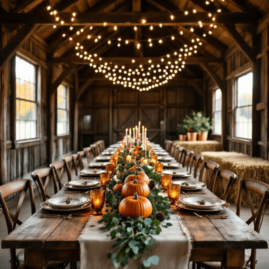 A cozy autumn harvest dinner in a rustic barn featuring a long farmhouse table adorned with mismatched vintage china, copper chargers, and a lush garland of eucalyptus, pinecones, and deep orange pumpkins, under a ceiling of weathered wooden beams and warm white lights, with intimate candle lighting and a nearby hay bale drink station.