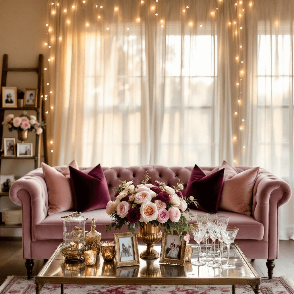 A cozy living room bathed in golden hour light, adorned for an anniversary celebration with velvet cushions, a floral centerpiece, fairy lights, and a styled bar cart, featuring personal photos on a rustic wooden ladder.