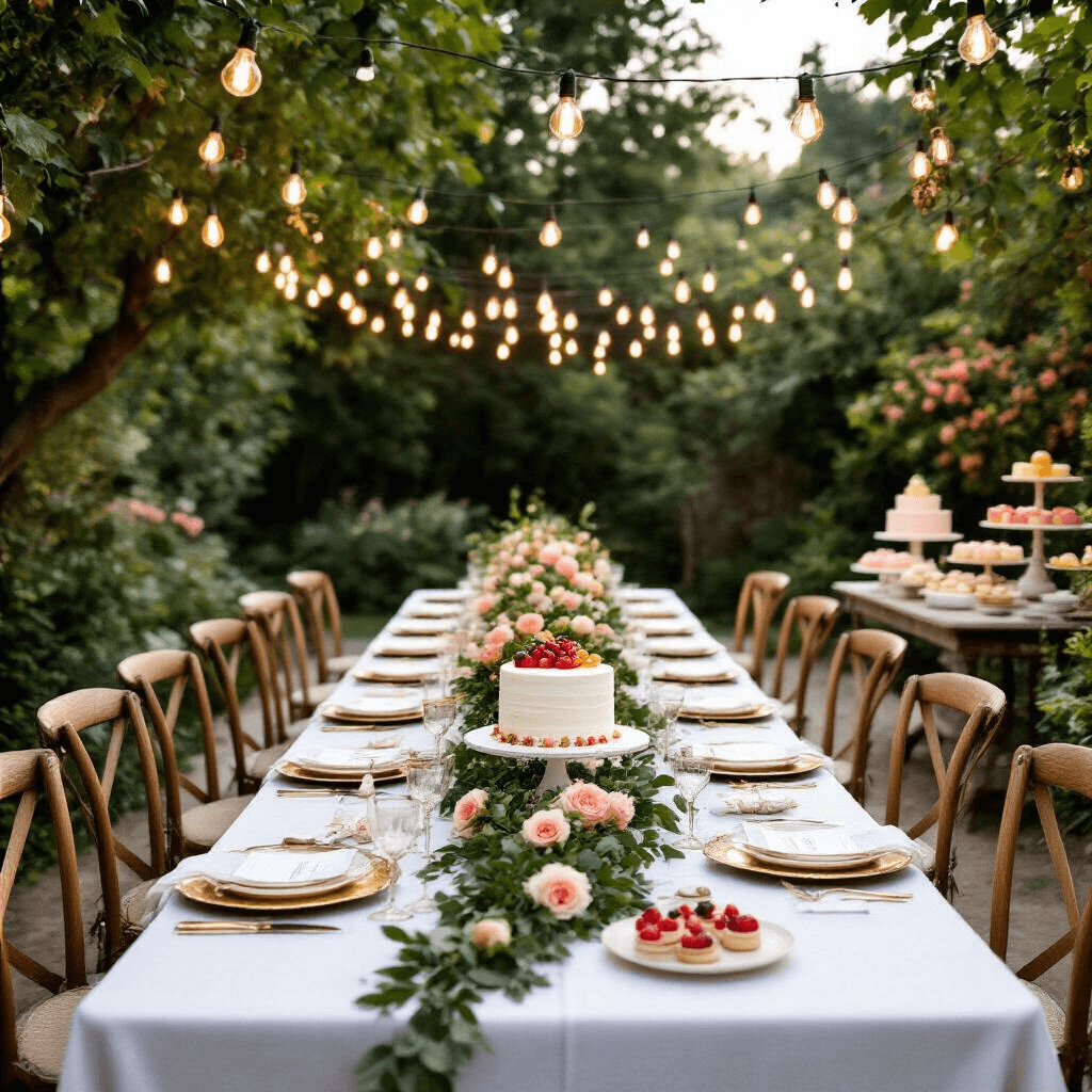 An enchanting outdoor garden party setup featuring a long farmhouse table with crisp white linen, surrounded by mismatched vintage chairs, Edison bulb lights above, lush greenery and garden roses on the table, elegant place settings with gold chargers and delicate china, and a dessert station with a naked cake and assorted pastries.