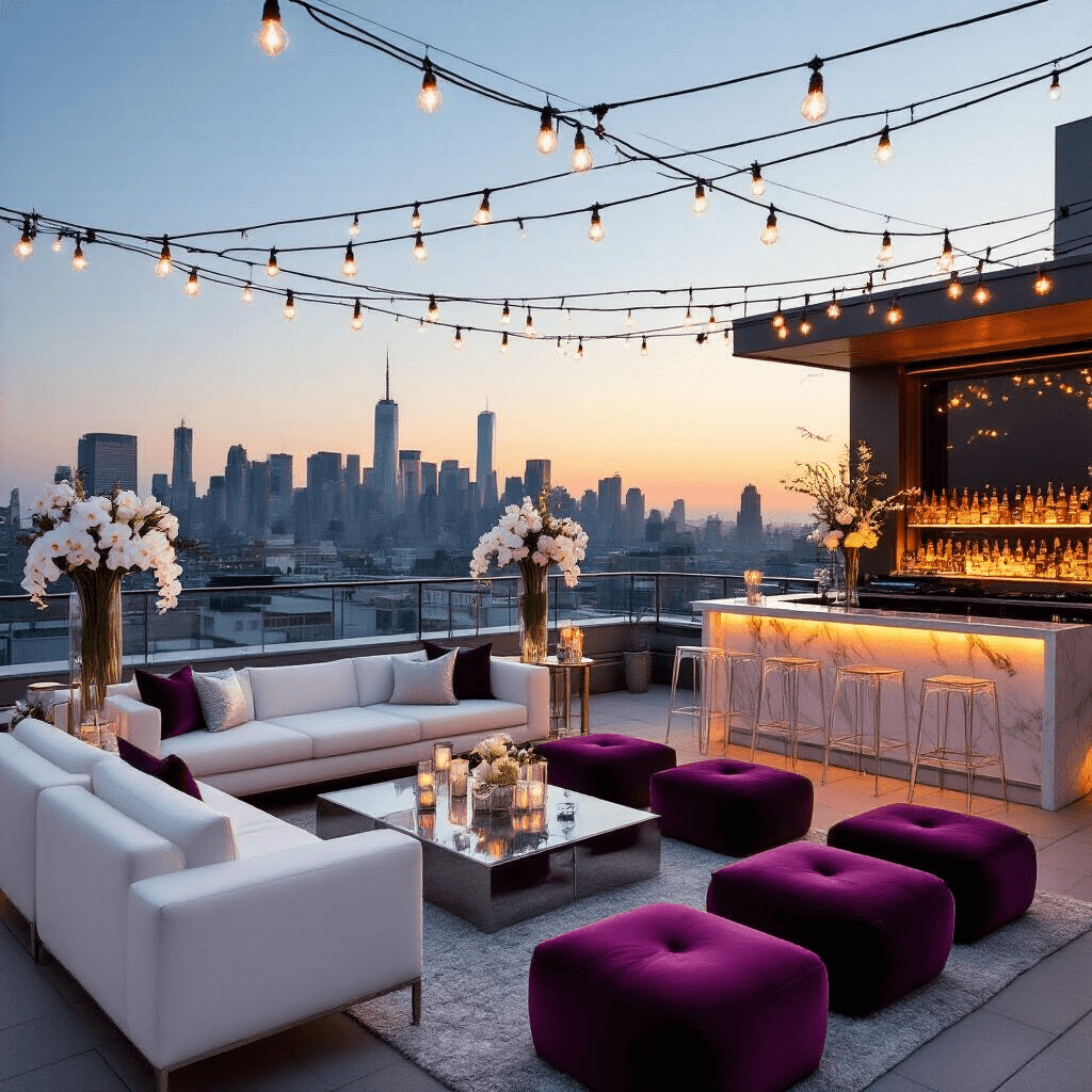 Chic rooftop terrace set for an anniversary celebration at sunset, featuring string lights, white sofas, jewel-toned poufs, a marble bar with ghost stools, and elegant floral arrangements, with a DJ booth in the corner displaying a personalized monogram.