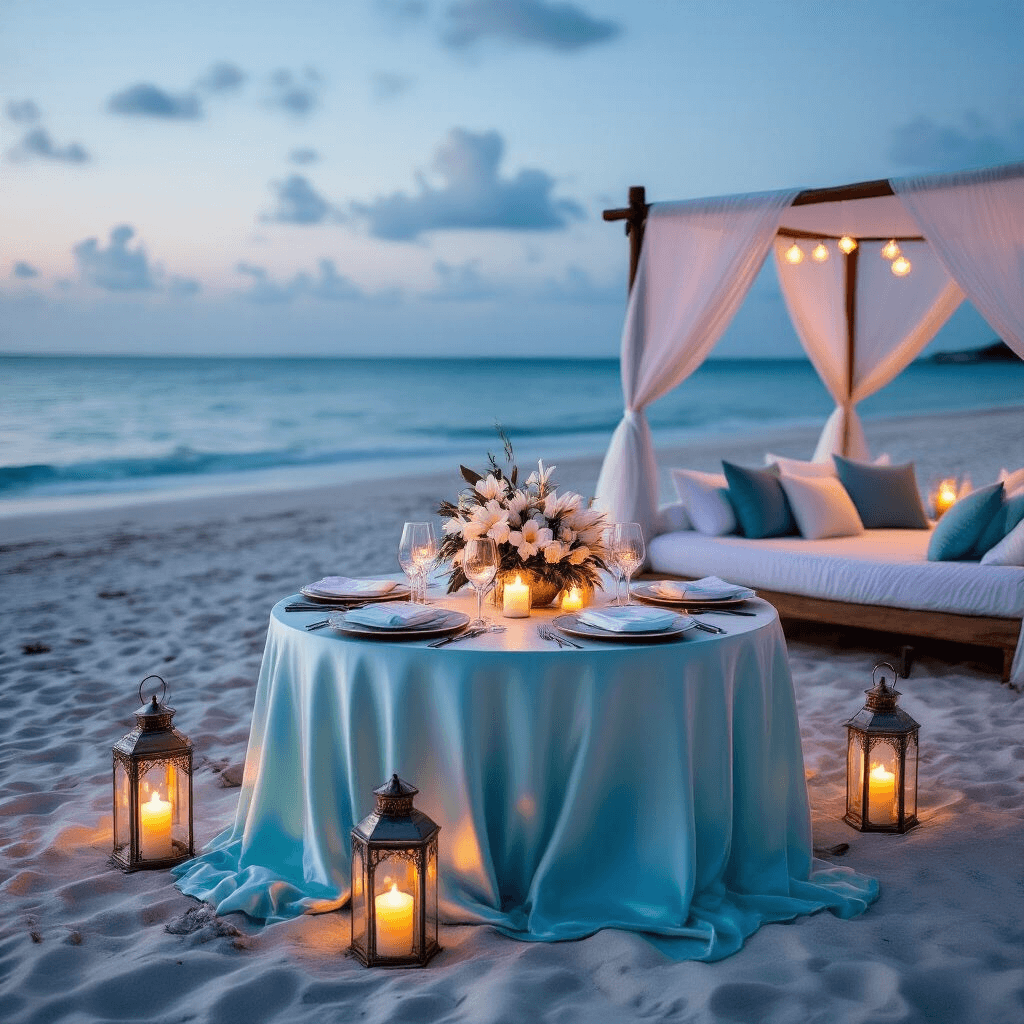 An intimate beachfront anniversary dinner scene at twilight with a small table draped in aqua silk, surrounded by flickering hurricane lanterns and adorned with elegant tableware, featuring a lush floral centerpiece, while a romantic canopy bed nearby is decorated with pillows, and tiki torches illuminate a sandy path to 'Happy Anniversary' written in the sand.