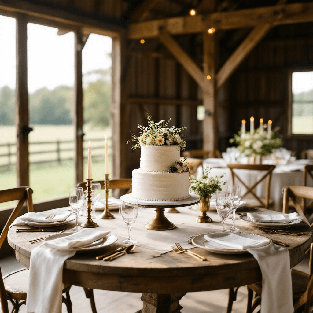 A rustic barn venue set for an intimate anniversary celebration, featuring a round table with a white linen cloth, a two-tier buttercream cake decorated with wildflowers, vintage brass candlesticks, mismatched china plates, and gold cutlery, all bathed in soft, natural light from large barn doors.