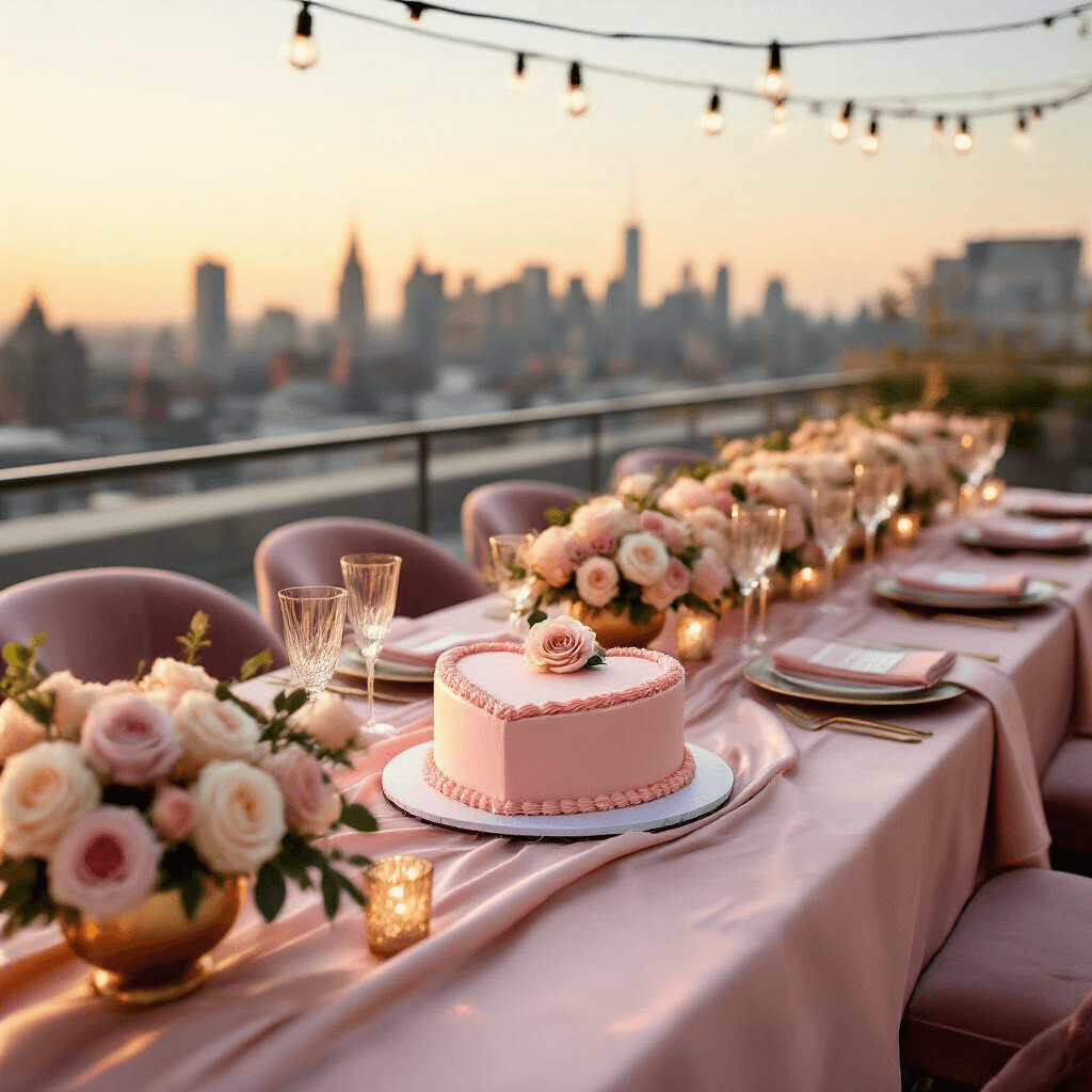 An elegant rooftop terrace at golden hour features a long table draped in blush pink silk linens, adorned with a minimalist heart-shaped cake topped with a single rose, surrounded by low arrangements of garden roses in gold compotes, crystal champagne flutes, and velvet-cushioned chairs, illuminated by crisscrossed cafe lights against a soft-focus cityscape backdrop.