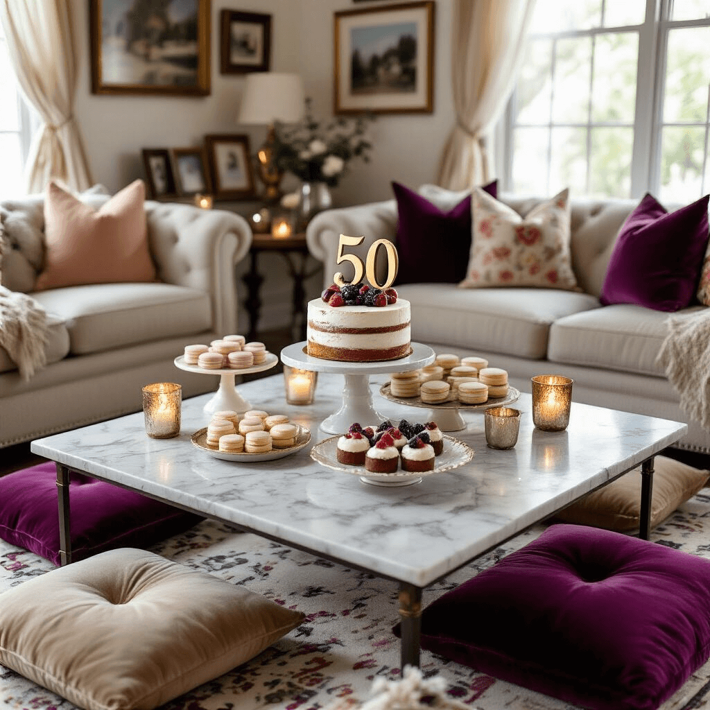 A cozy living room set up for a 50th anniversary celebration, featuring a marble coffee table with a rustic naked cake topped with fresh figs and a gold '50', surrounded by vintage cake stands displaying petit fours and macarons. Plush floor cushions in jewel tones create an inviting seating area, soft afternoon light filters through sheer drapery, and candles in mercury glass holders add warmth. Family photos in mismatched frames decorate the walls, captured from a low angle to highlight the textures.