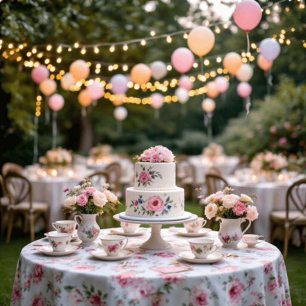 A whimsical garden party setting at dusk, featuring small round tables with vintage floral tablecloths, a dessert cart with a two-tier white cake adorned with hand-painted watercolor florals, pastel balloon garlands, strings of fairy lights overhead, and mismatched teacups filled with flowers as centerpieces, all surrounded by soft bokeh lights in the background.