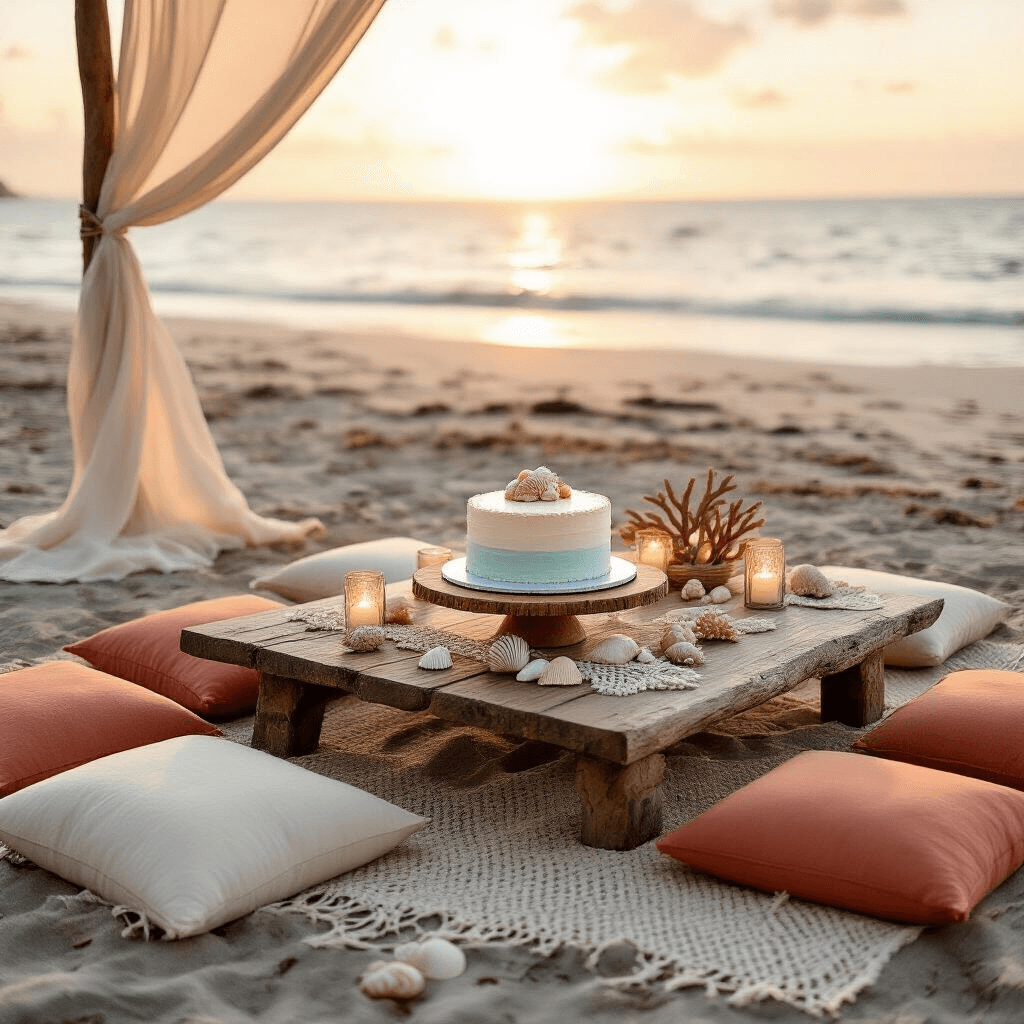 Intimate beachfront anniversary picnic at sunrise with a low driftwood table, oversized cream and terracotta pillows, a small textured buttercream cake, seashells, coral, votives in sea glass holders, a macramé runner, and a 'Years of Love' fabric backdrop, all set against a pastel sky and ocean.