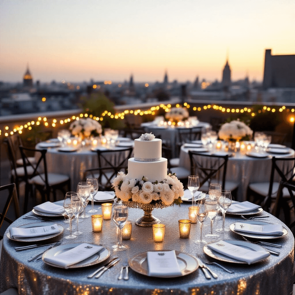 A romantic candlelit rooftop terrace set for a 25th wedding anniversary, featuring round tables with silver linens, crystal stemware, and white floral centerpieces. Fairy lights and lanterns add warmth to the ambiance against a cityscape backdrop, highlighted by a tiered white cake with silver accents on a decorative stand.