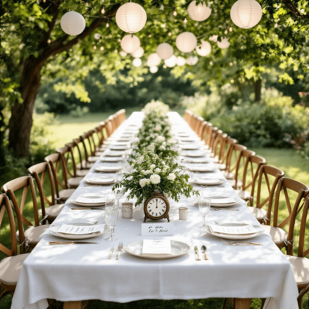 An overhead shot of an enchanting garden party table set for a couple's first wedding anniversary, featuring a long farmhouse table with white linen, handwritten love letter placemats, calligraphy menus, vintage clock centerpieces filled with greenery and white blooms, and wooden chairs adorned with ribbons, all under a canopy of trees with paper lanterns and dappled sunlight.