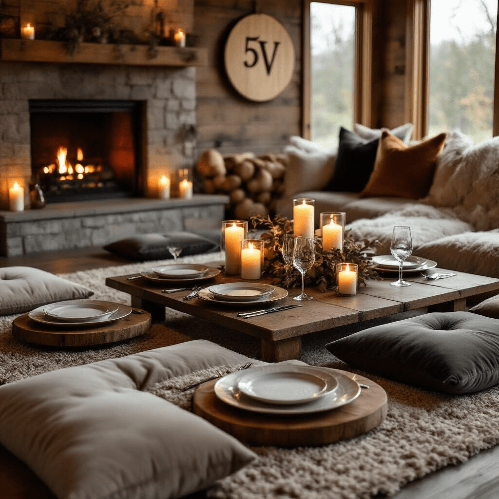 A cozy living room set for a 5th anniversary celebration, featuring a low table with elegant silverware and wooden charger plates, surrounded by plush velvet floor cushions, warm candlelight, and a custom wooden wall hanging with the couple's initials.