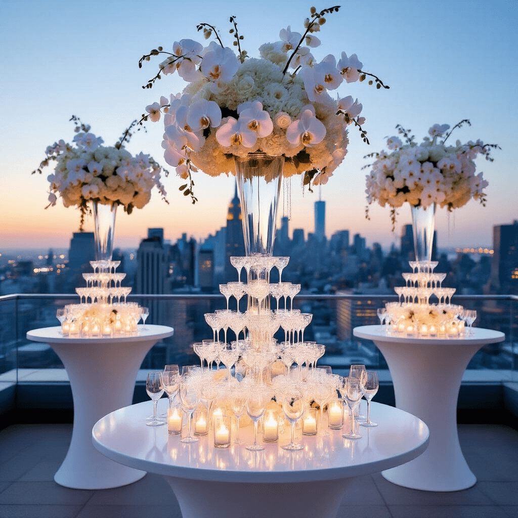 A stylish rooftop venue for a 10th anniversary soirée, featuring sleek white high-top tables with tall floral arrangements of white orchids, a central champagne tower, and diamond-inspired decor, set against a city skyline at blue hour with uplighting.