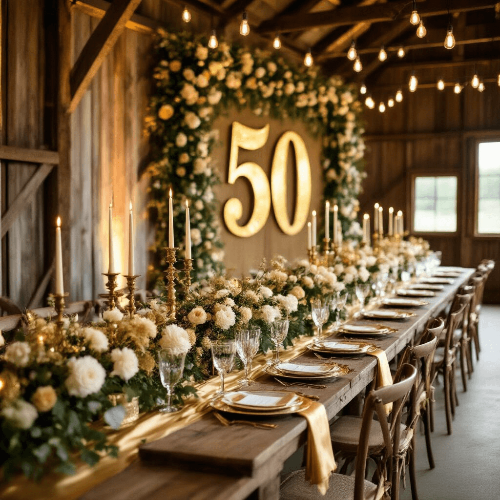 A cinematic wide shot of a rustic barn interior decorated for a golden 50th anniversary celebration, featuring long wooden tables with gold linens, vintage china, lush floral garlands in cream and gold, antique gold candelabras, and a prominent backdrop with a golden '50', all illuminated by warm Edison bulb string lights.