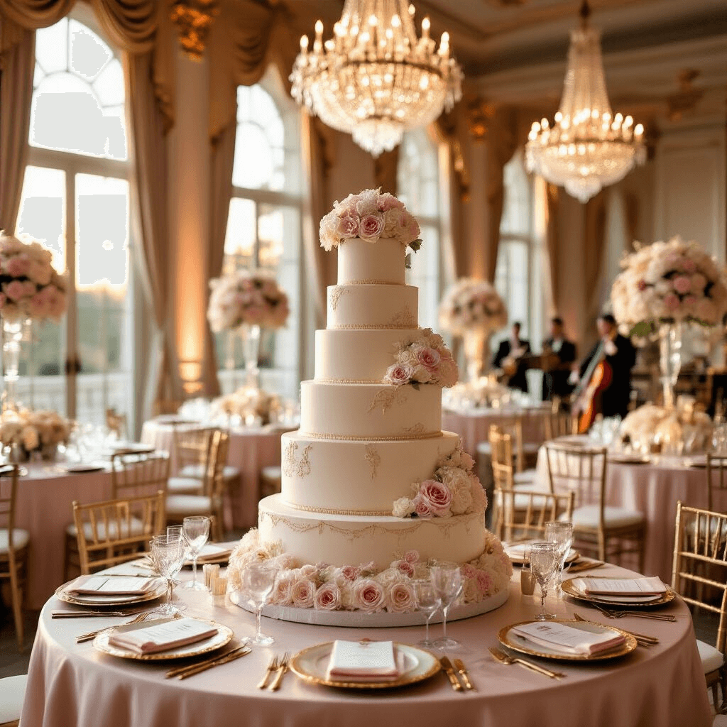 A lavish ballroom during golden hour, featuring a grand anniversary cake at the center, surrounded by blush silk-covered tables with floral arrangements, sparkling chandeliers, elegant place settings, sheer drapery, and a string quartet preparing in the corner.