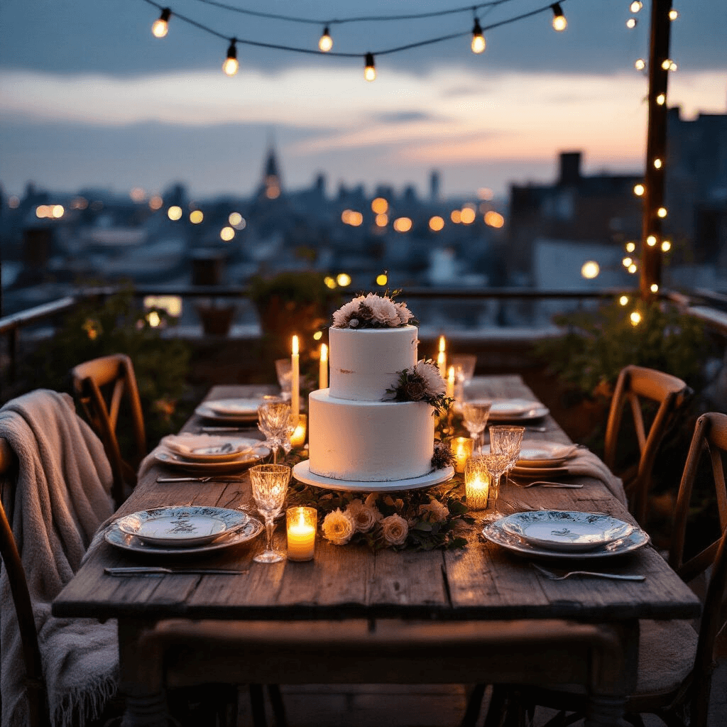 A romantic rooftop terrace at twilight, featuring a rustic wooden table with a two-tiered anniversary cake adorned with fresh flowers, surrounded by mismatched vintage chairs and illuminated by fairy lights and candles. The city skyline glows softly in the background as the sun sets.