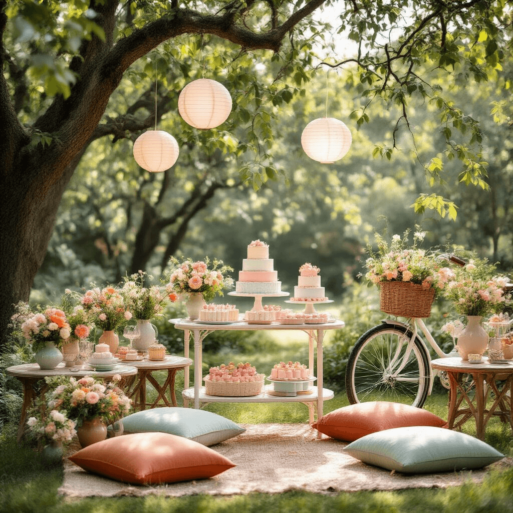 An overhead view of a whimsical garden party setup, featuring a dessert cart with mini pastel anniversary cakes, low tables surrounded by plush cushions, delicate paper lanterns, wildflower arrangements in mismatched vases, and a vintage bicycle prop, all illuminated by soft morning light filtering through trees.